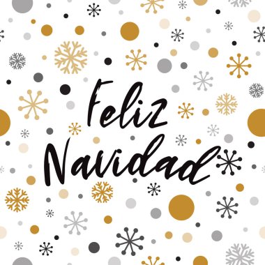 Merry Christmas text on vintage greeting card design template gold snowflakes, sbowy poster. Inscription in Spanish vector