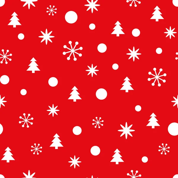 Красное Рождество бесшовный узор с маленькими снежинками, снегом и елками — стоковый вектор