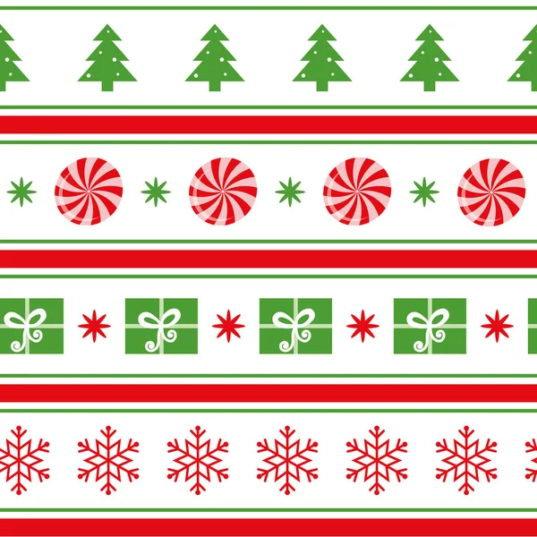 Vector Merry Christmas seamless pattern with tree, snowflakes, candy, gift, shevron on white — Stock Vector