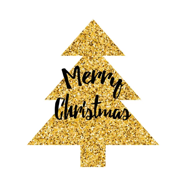 Feliz Navidad logo decorado brillante árbol de Navidad de oro. Banner, tarjeta, felicitación, etiqueta — Vector de stock