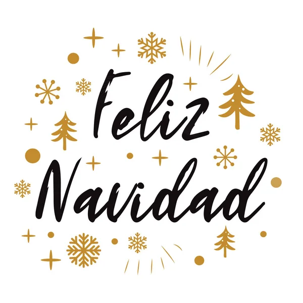 Feliz texto de Navidad en la plantilla de diseño de tarjetas de felicitación vintage copos de nieve de oro, árboles. Inscripción en español — Vector de stock