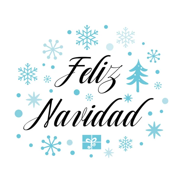 Crăciun fericit text pe felicitări înzăpezite șablon de design fulgi de zăpadă albastru, copaci. Inscripție în spaniolă — Vector de stoc