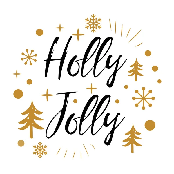 Holly Jollyt. Bonito cartel de Navidad con árbol de oro, nieve sobre blanco — Vector de stock