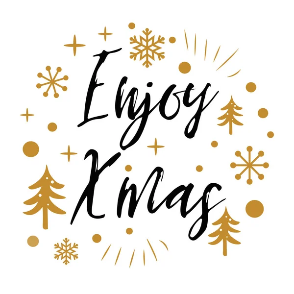 Disfruta de Navidad. Bonito cartel de Navidad con árbol de oro, nieve sobre blanco — Vector de stock