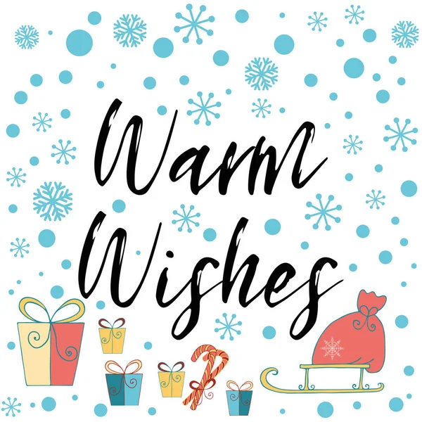 Deseos cálidos frase decorada regalos de Navidad, copos de nieve azules Banner, tarjeta, felicitación, etiqueta — Vector de stock