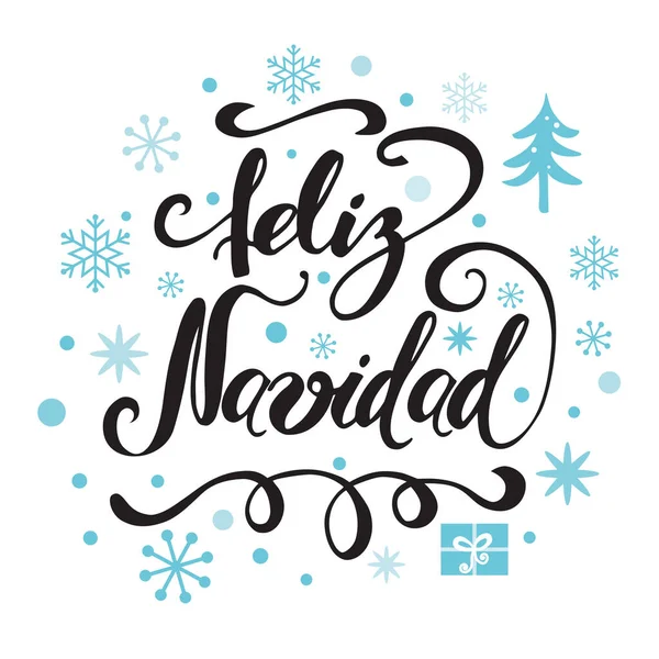 Feliz impresión de Navidad. Diseño tipográfico con copos de nieve azules, adorno. Inscripción en español — Vector de stock