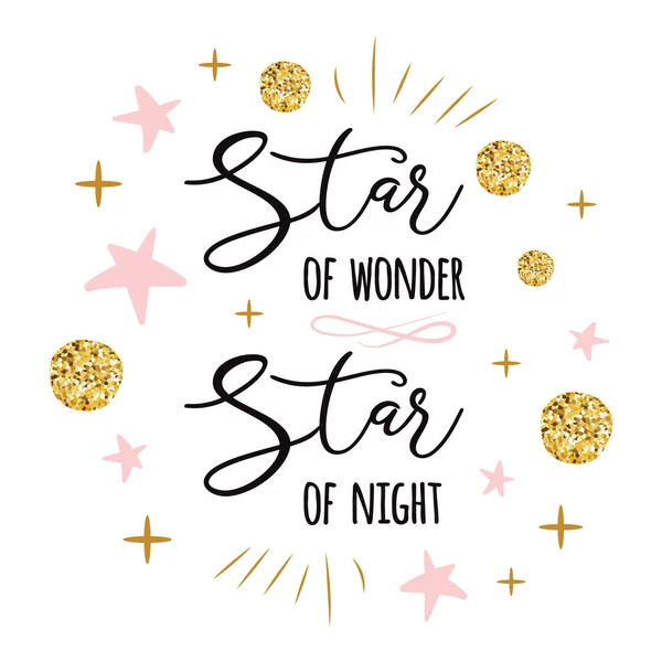 Star of wonder Star of night Cute Christmas time sign with golden cute gold, pink colors stars — Stock Vector