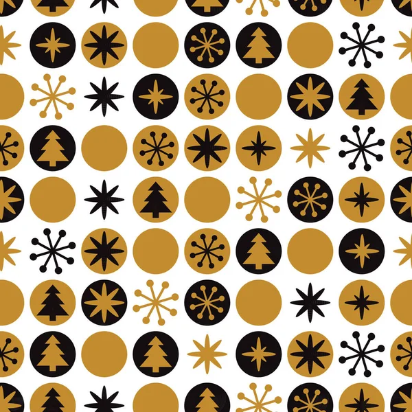 Modernes geometrisches Retro-Weihnachtsmuster in Hipster-Gold-Schwarz-Farben mit runden Elementen — Stockvektor