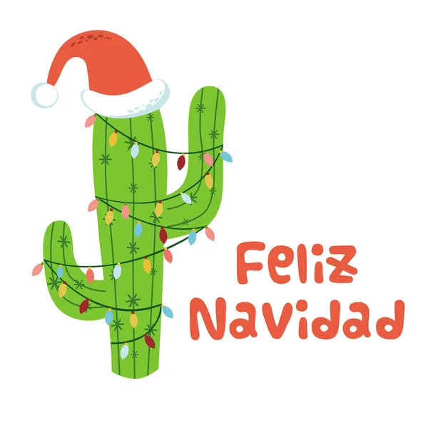 Natal cacto em Santa chapéu banner texto Feliz Natal em espanhol Natal luz cacto Vector — Vetor de Stock