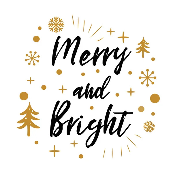 Merry ve Bright. Altın ağaçlı şirin bir Noel tabelası, beyaz karlı. — Stok Vektör