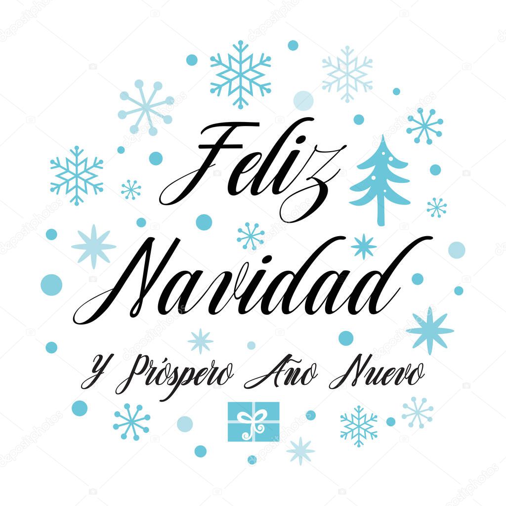 Merry Christmas text on snowy greeting card design template blue snowflakes, trees. Inscription in Spanish
