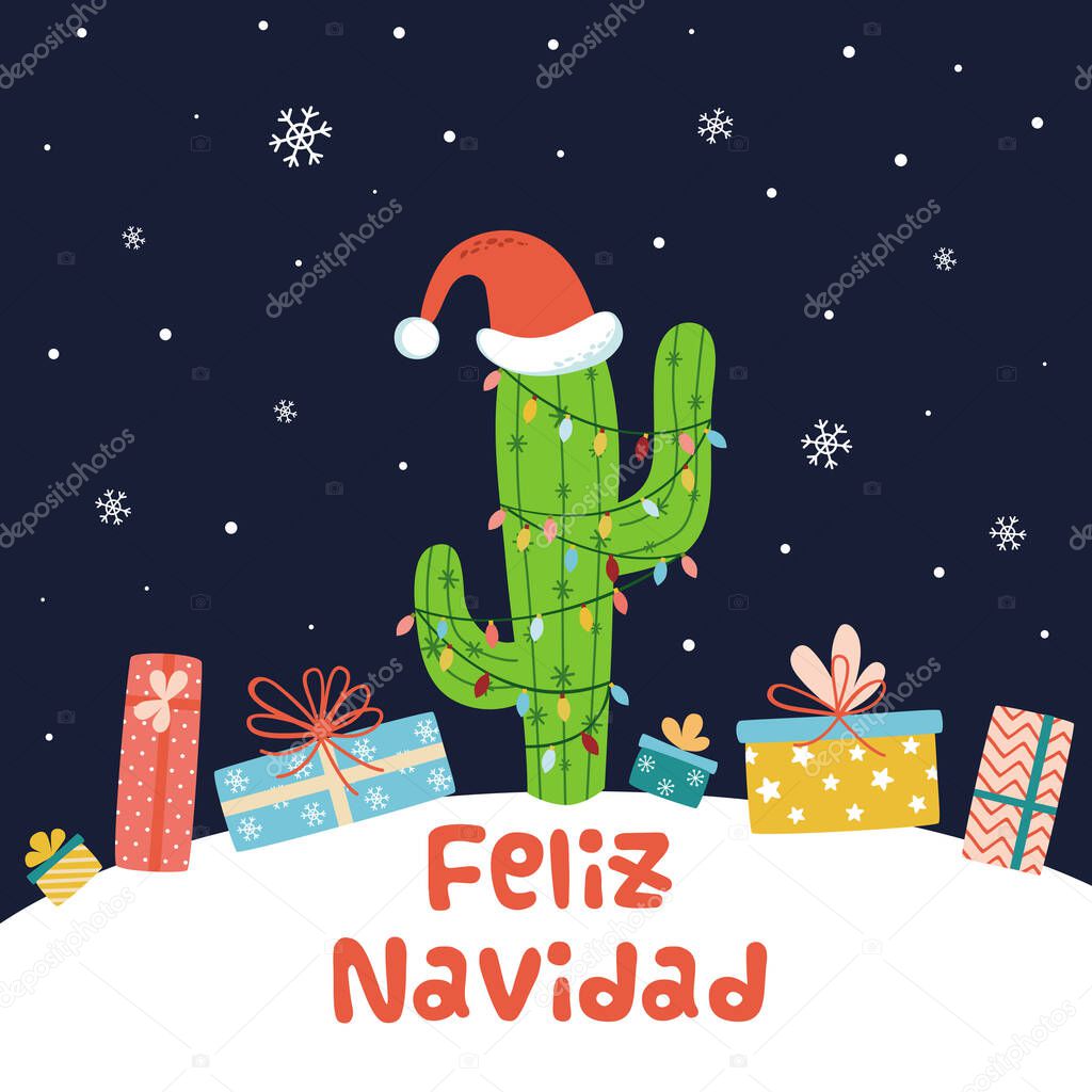 Cactus Christmas background Card full gifts present boxes on snowy dark landscape Vector cartoon banner
