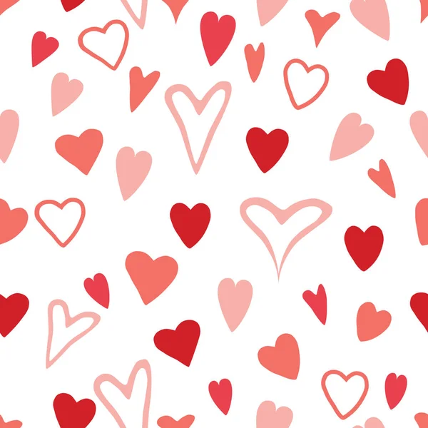 Nahtlose rosa und rote handgezeichnete Herzmuster auf weißem Grund — Stockvektor