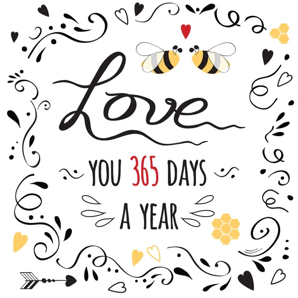 情人节快乐的爱横幅上有可爱的报价和蜜蜂 — 图库矢量图片