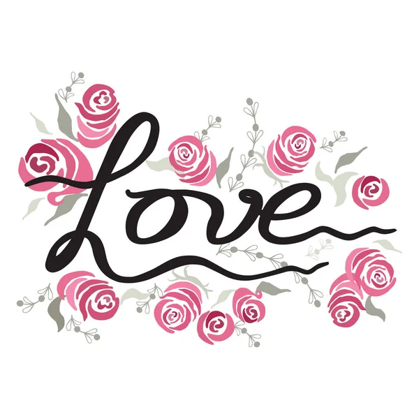 Ilustración vintage de amor con elemento de letras de mano decorado rosas de pintura en blanco . — Vector de stock