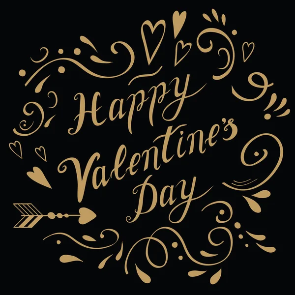 Šťastný Valentýn ručně psaný text zdobené zlaté abstraktní květinové ornament na černé desce. — Stockový vektor