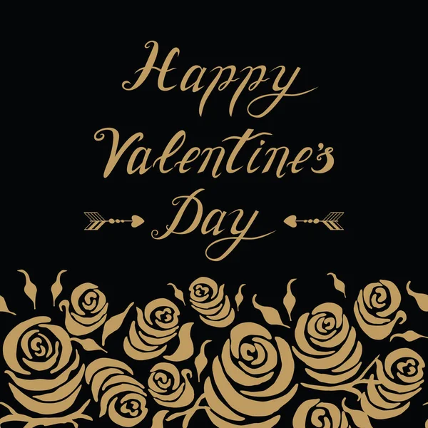 Buon San Valentino mano lettering testo decorato oro rose romantiche sulla lavagna nera . — Vettoriale Stock