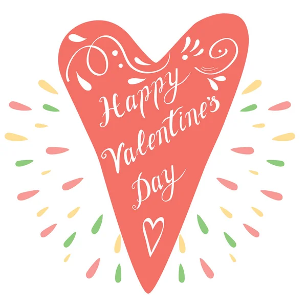 Buon San Valentino Hand Drawing Vector Lettering design, cuore e spruzzi — Vettoriale Stock