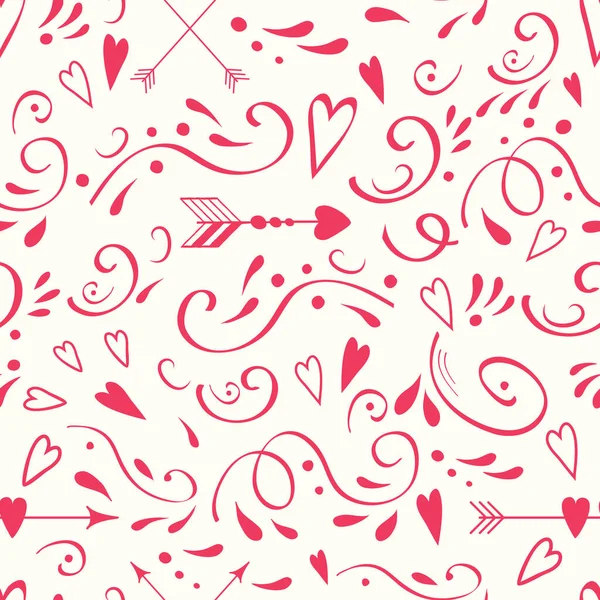 Sömlöst mönster med söt romantisk rosa doodle prydnad. Pilar och hjärtan. — Stock vektor