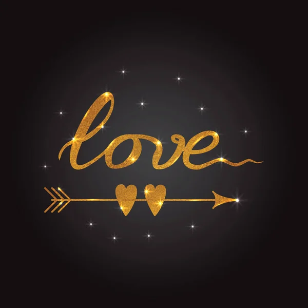 Ručně kreslené zlato a jiskřivé slovo láska na černém pozadí skript kaligrafie písmo styl. — Stockový vektor