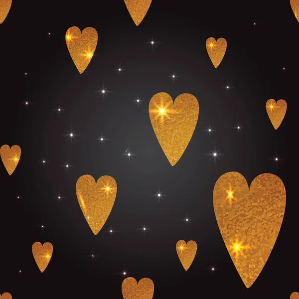 Χρυσό καρδιές αδιάλειπτη διανυσματικό μοτίβο στο μαύρο φόντο — Διανυσματικό Αρχείο