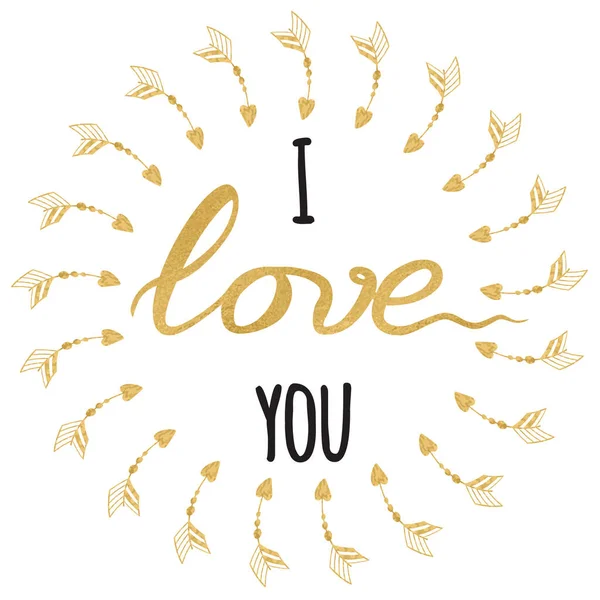 Vector romantic greeting card. Typographic hand drawn gold and sparkle inspirational quote I love you — Stock Vector