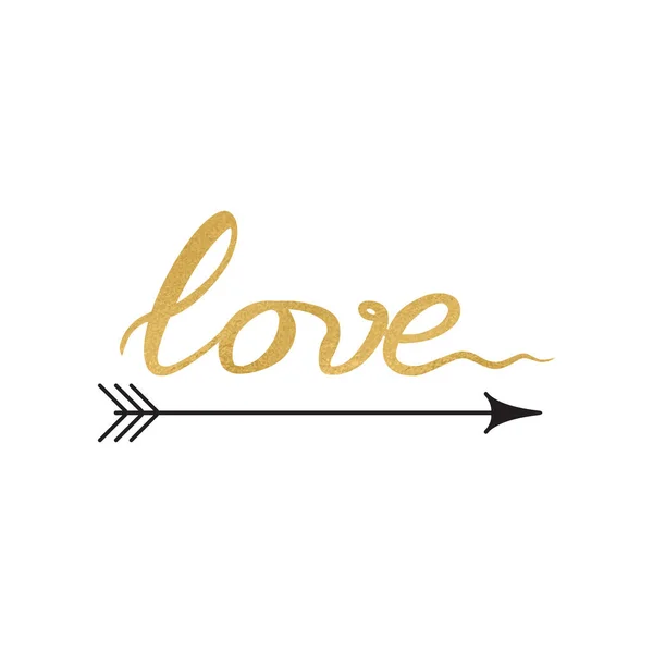 Elemento de letras dibujado a mano cita de amor en color dorado con flecha — Vector de stock