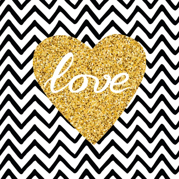 Corazón de brillo de oro dibujado a mano, texto amor en zig zag patrón sin costuras — Vector de stock