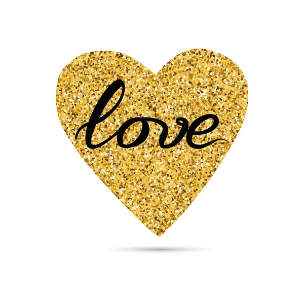 Disegnato a mano moderno oro scintilla a forma di cuore, amore di testo su bianco — Vettoriale Stock