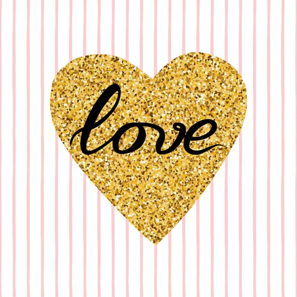 Hand drawn modern gold sparkle heart shape, phrase love on white, pink lines — Stock Vector