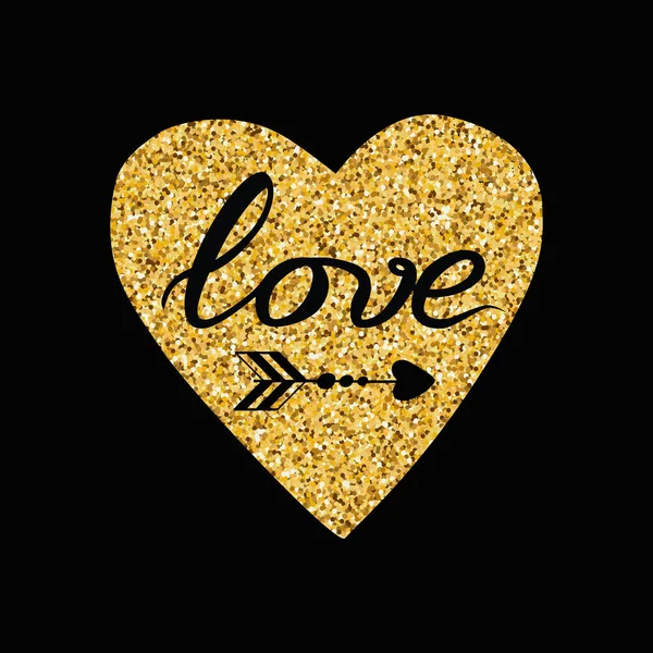 Corazón brillante de oro dibujado a mano, texto amor sobre fondo negro — Archivo Imágenes Vectoriales