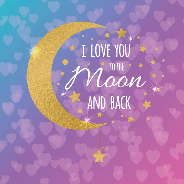 Amo-te até à lua e volto. Frase inspiradora manuscrita no fundo bokeh borrado violeta —  Vetores de Stock