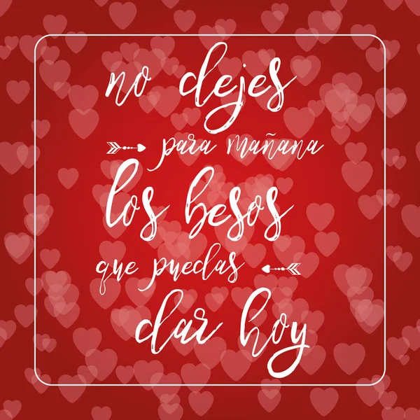 Phrase über die Liebe in roten Herzen Bokeh Hintergrund. Romantische Karte. Schriftzug. Text in spanischer Sprache — Stockvektor