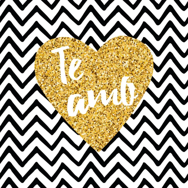 Hand drawn gold sparkle heart, text Love you on zig zag seamless pattern. Title in Spanish — 스톡 벡터