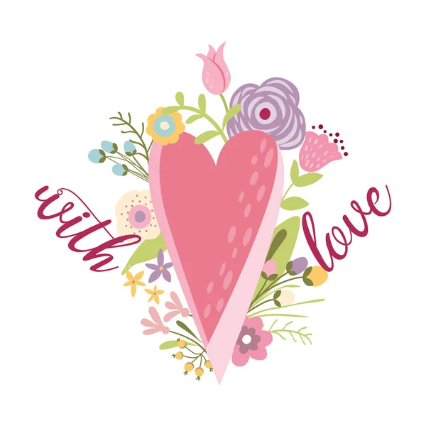 Valentines Day card cute hand drawn pink heart flowers text With love Vector illustration — ストックベクタ