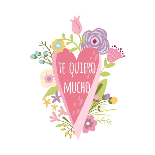 Tarjeta de San Valentín linda mano dibujado flores de corazón rosa texto Te amo tanto título en spanis — Vector de stock