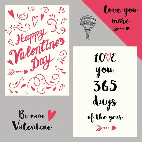 Glücklich Valentinstag Karten Set Kalligraphie handgeschriebene romantische Banner zitiert rosa reich verzierten Vektor — Stockvektor