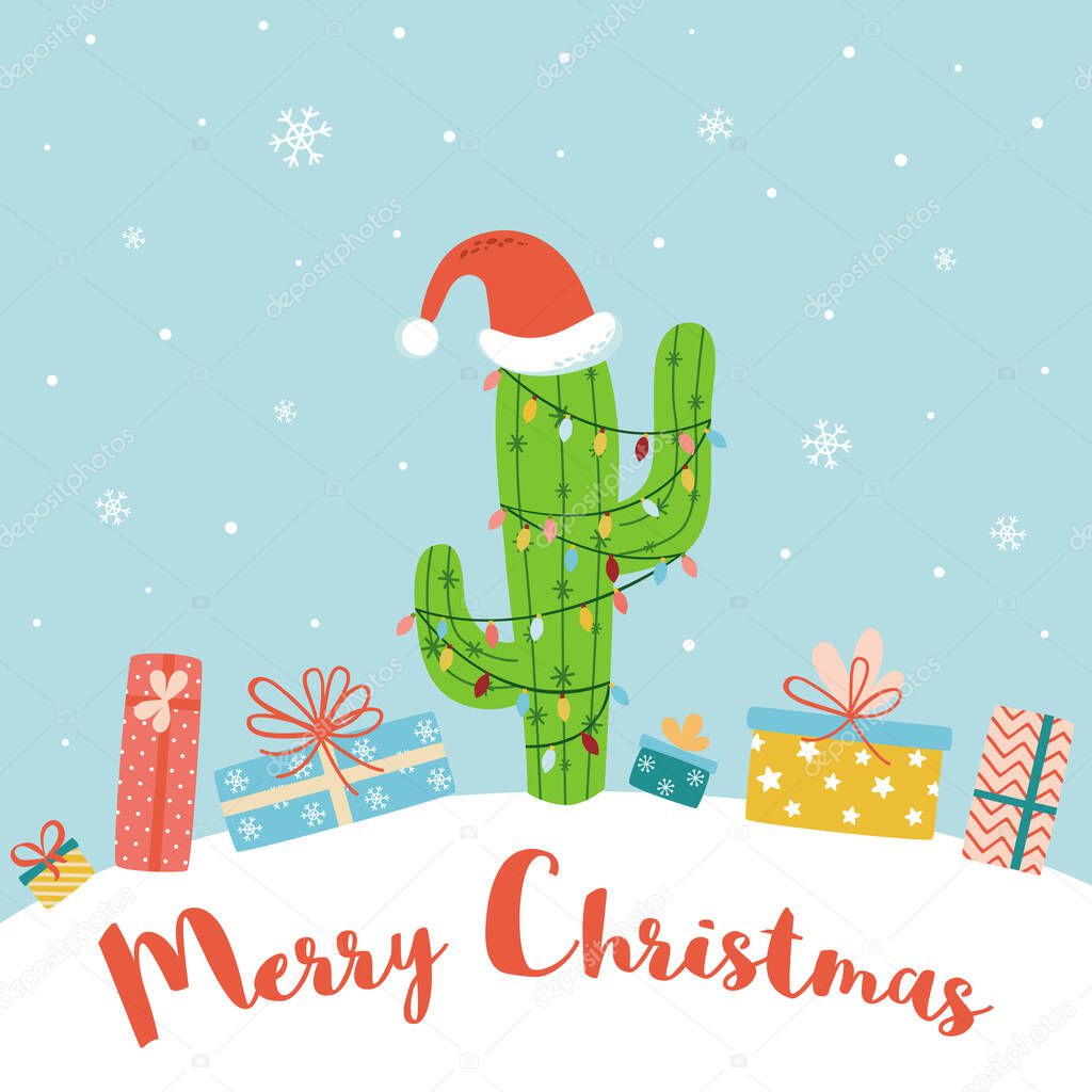 Alternative Christmas concept Cactus Christmas card Heap of gifts present boxes on snowy blue background Vector