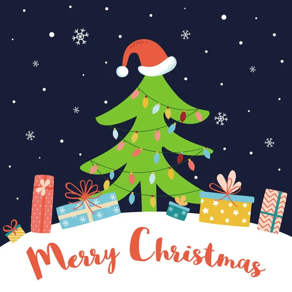 Árbol de Navidad en rojo Santa hat Concepto de Año Nuevo Regalos cajas de regalo sobre fondo azul oscuro nevado Vector — Vector de stock