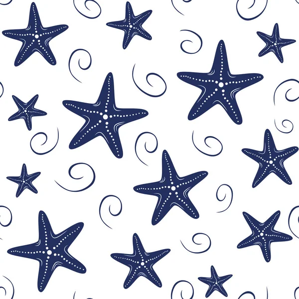 Seamless vector sea pattern with hand drawn sea stars, wave, drops in navy colors on white background — Stock Vector