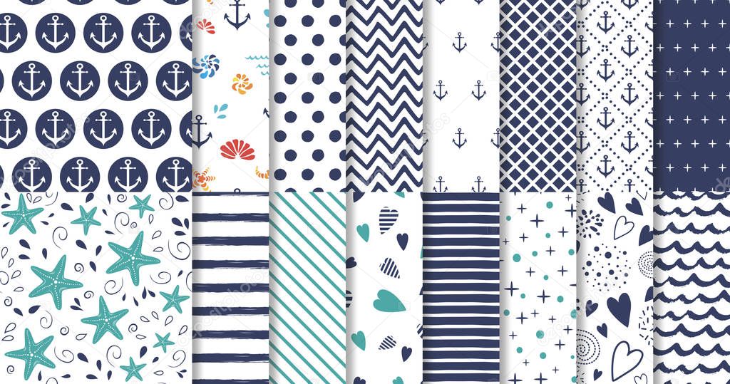 Set of marine and nautical backgrounds in navy blue and white colors Vector