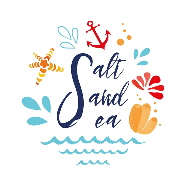Mar salgado Vetor férias inspiradoras e citação de viagem com âncora, onda, concha, estrela, coral —  Vetores de Stock
