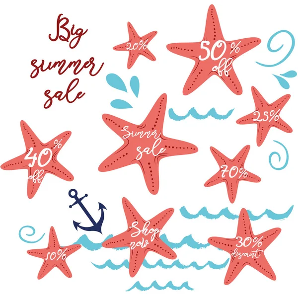 Summer sale shopping logo badge vector set. Store summertime hand drawn sea style logotypes sea stars — Stock Vector