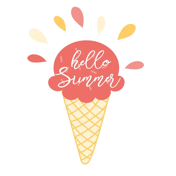 Ahoj letní koncept nápis sada blahopřání pozadí se šťastnou zmrzlinou — Stockový vektor