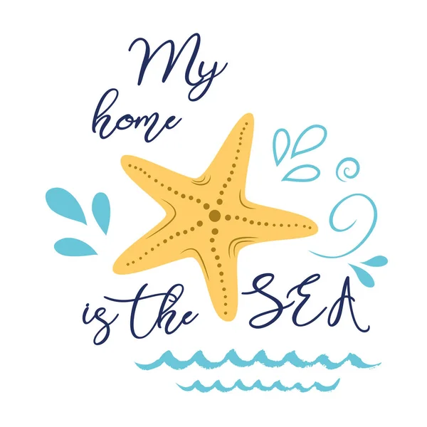Bannière de mer avec citation inspirante, étoile de mer, vague. Bannière typographique de voyage vectoriel. vacances d'été phrase, étiquette . — Image vectorielle