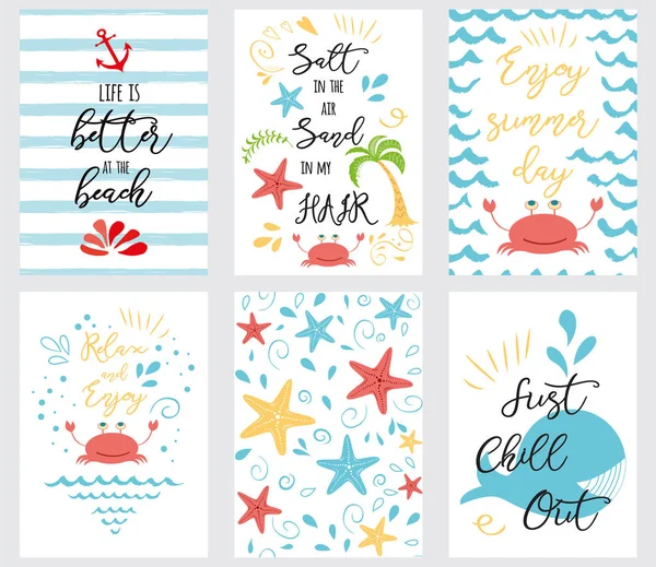 Set of hand drawn summer cards and banners sea ocean phrases summer time vacation — Stock Vector