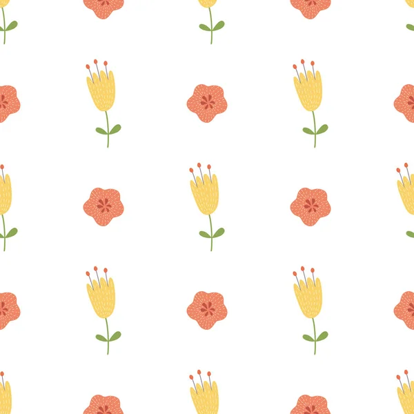 Flores amarillas dibujadas a mano patrón sin costuras. Lindo fondo de pantalla primavera verano fondo floral Vector — Vector de stock