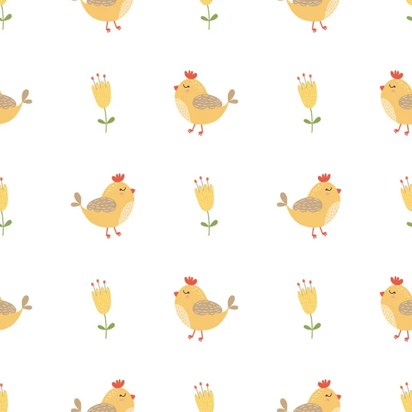 Sevimli kuş desensiz sarı yaz çiçekleri. El çizimi arka plan bebek tasarımı. Vektör — Stok Vektör