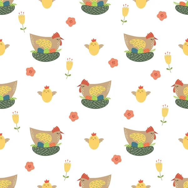 イースターチキンのシームレスなパターンかわいい鶏の卵の花の背景春のイースターお祝いデザイン — ストックベクタ