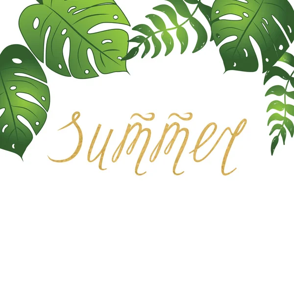 Vector banner with calligraphy hand drawn text Summer and tropical leave monstera frame — Stock Vector